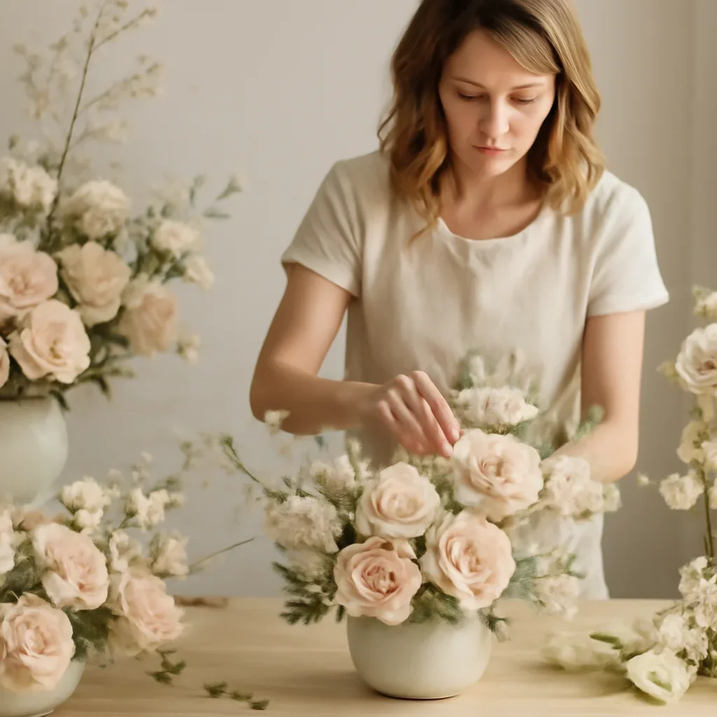 Florist preparing arrangements for about