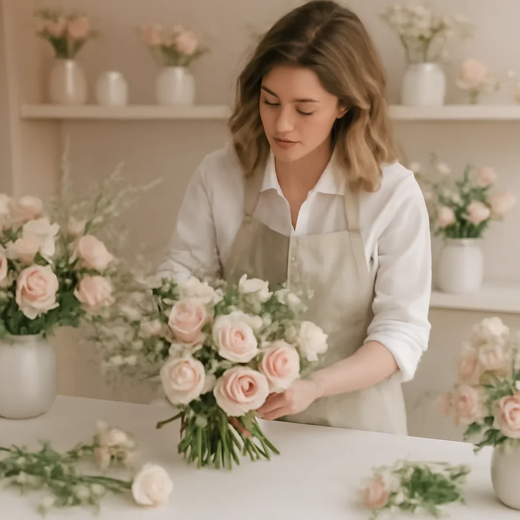 Florist preparing arrangements for case studies