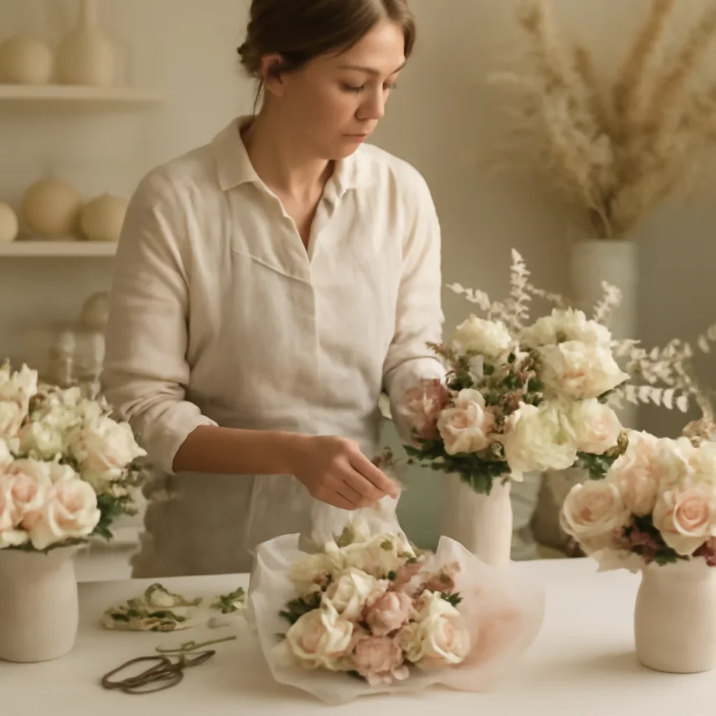 Florist preparing arrangements for pricing